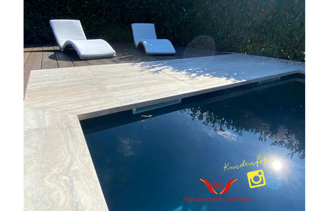FEINSTEIN STEINOPTIK TRAVERTIN BEIGE VEIN CUT EXKLUSIV mit WINKEL POOL-BECKENRAND-STEIN