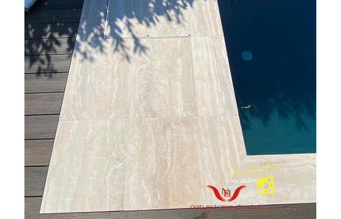 FEINSTEIN STEINOPTIK TRAVERTIN BEIGE VEIN CUT EXKLUSIV mit WINKEL POOL-BECKENRAND-STEIN