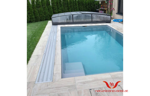 FEINSTEIN STEINOPTIK TRAVERTIN BEIGE VEIN CUT EXKLUSIV mit RUNDSTAB POOL-BECKENRAND-STEIN
