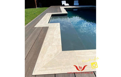 FEINSTEIN STEINOPTIK TRAVERTIN BEIGE VEIN CUT EXKLUSIV mit WINKEL POOL-BECKENRAND-STEIN