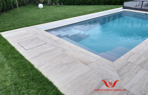 FEINSTEINPLATTE STEINOPTIK TRAVERTIN BEIGE VEIN CUT EXKLUSIV