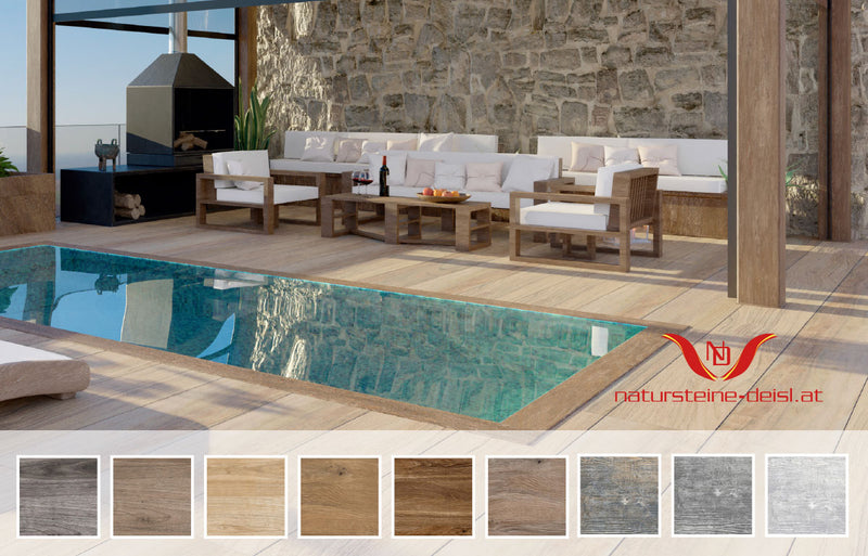 Feinsteinzeug Holzoptik Terrassenplatten im Format 120 × 40 cm – 9 Designs