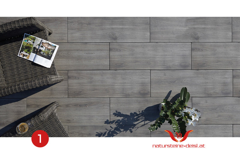 Feinsteinzeug Holzoptik Terrassenplatten im Format 120 × 40 cm – 9 Designs